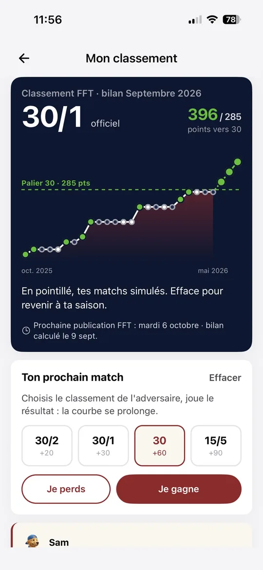 Simulation de matchs dans l’app Sam Tennis : la courbe passe la ligne du palier 30