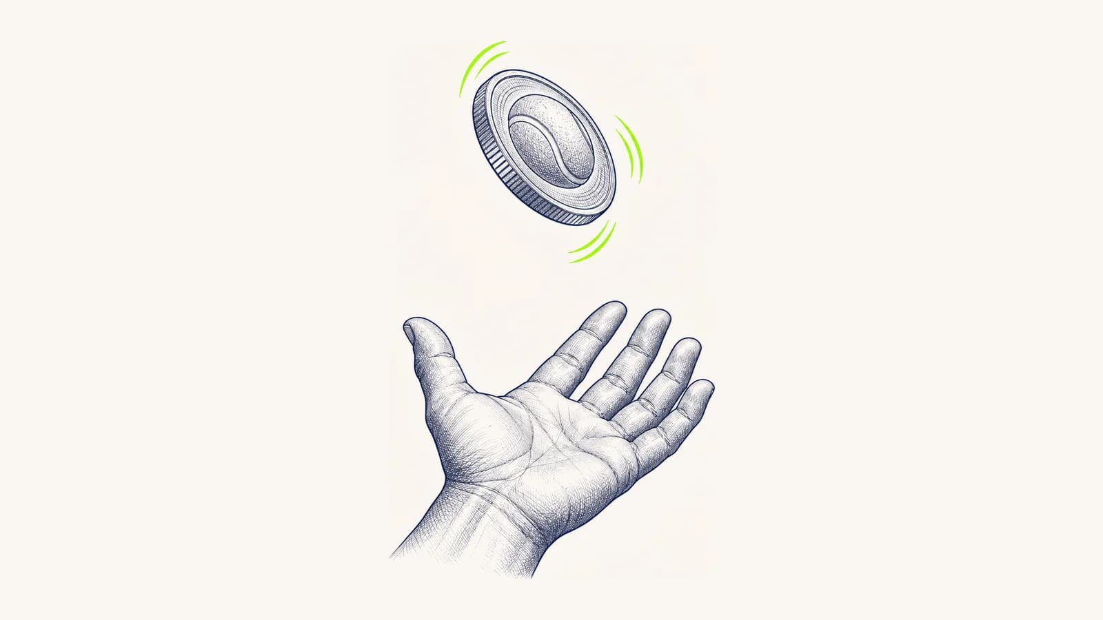 Croquis : une main lance une pièce frappée d'une balle de tennis, comme à pile ou face