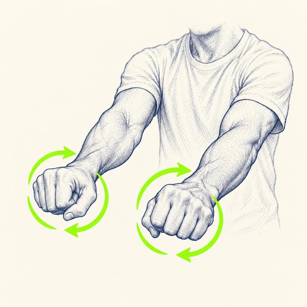 Réveil des poignets : Cercles lents avec les poings dans les deux sens, puis ouvre et ferme les mains à fond.