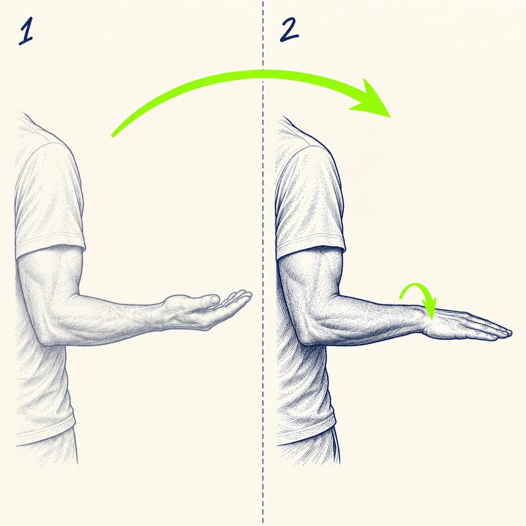 Pronation, supination : Coude collé au corps, plié à 90 degrés, tourne lentement la paume vers le ciel puis vers le sol.