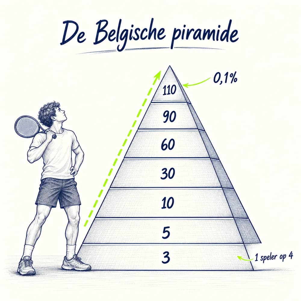 Schets: de Belgische piramide van het tennisklassement, van 3 punten onderaan, “1 speler op 4”, tot 110 punten bovenaan, “0,1%”, met een speler met krullen die naar de top kijkt