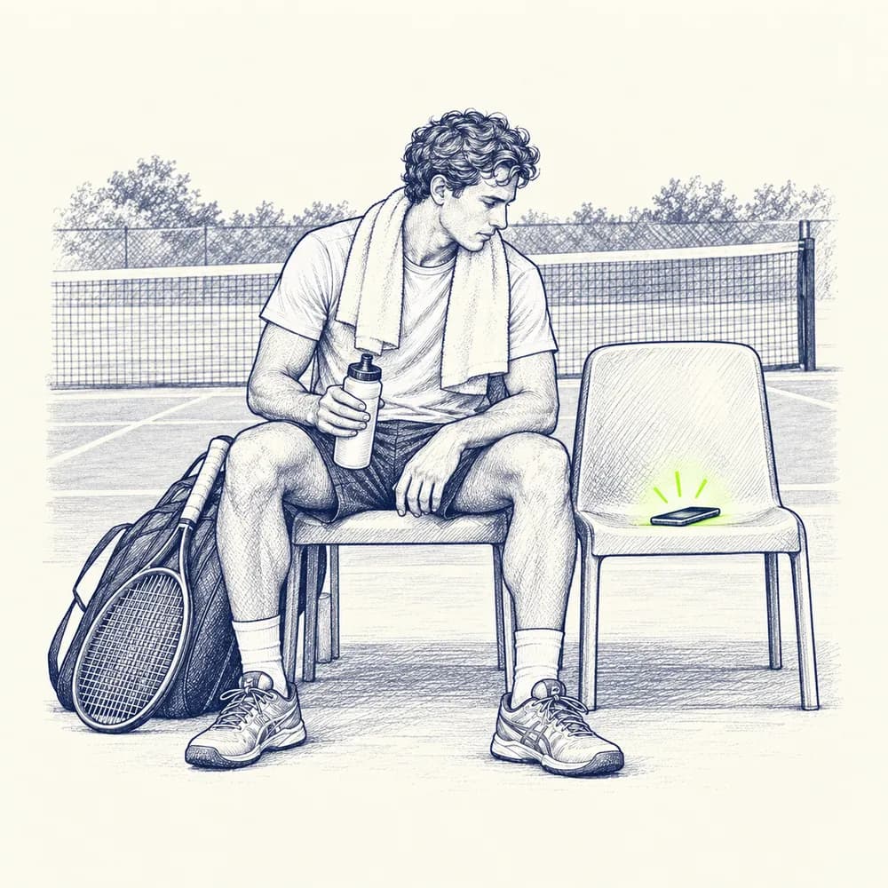 Croquis : un joueur assis au changement de côté, une gourde à la main, son téléphone posé sur la chaise d'à côté