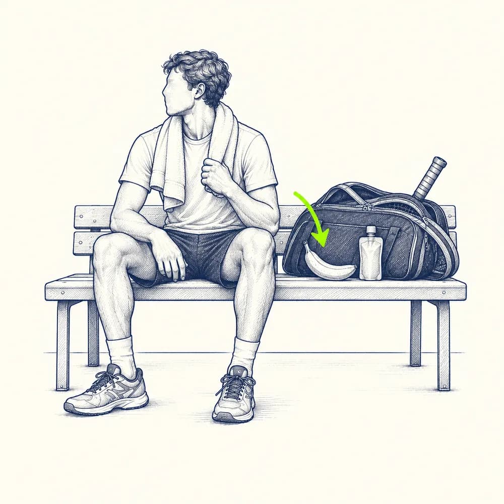 Croquis : assis sur un banc, un joueur prend une banane dans son sac avant son match