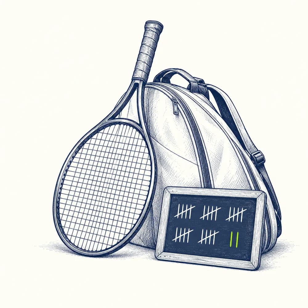 Croquis : une raquette, un sac et une ardoise où les matchs sont comptés à la craie