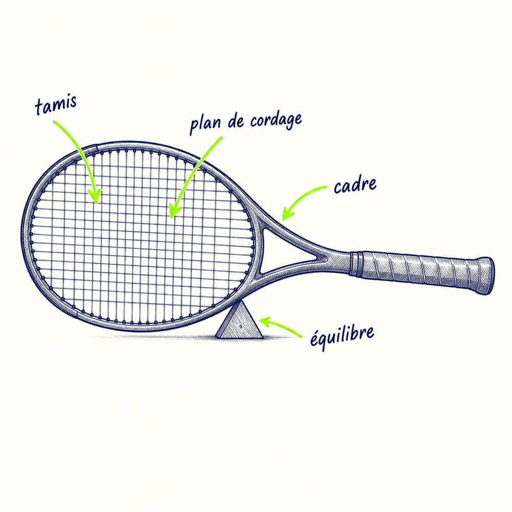 Croquis d'une raquette posée sur un point d'appui, annotée : tamis, plan de cordage, cadre, équilibre