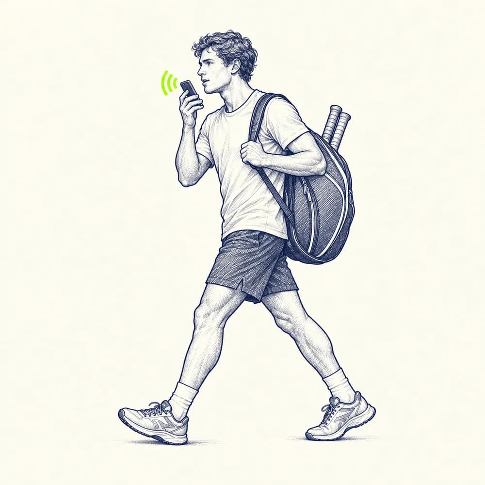 Croquis : un joueur, sac de tennis sur le dos, parle dans son téléphone en marchant vers le court