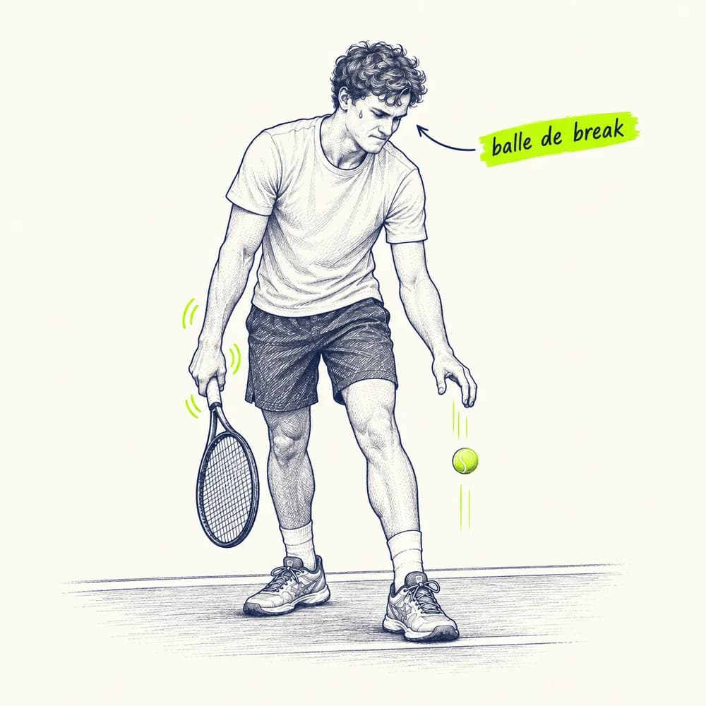 Croquis : un joueur tendu fait rebondir la balle avant de servir, annoté « balle de break », la raquette qui tremble