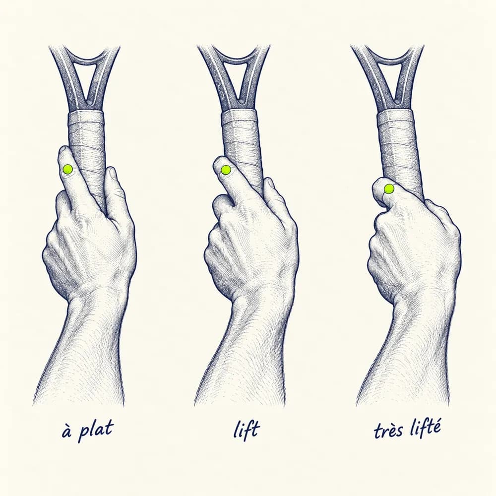 Croquis de trois mains sur un manche de raquette, de la prise la plus ouverte à la plus fermée, annotées « à plat », « lift » et « très lifté »
