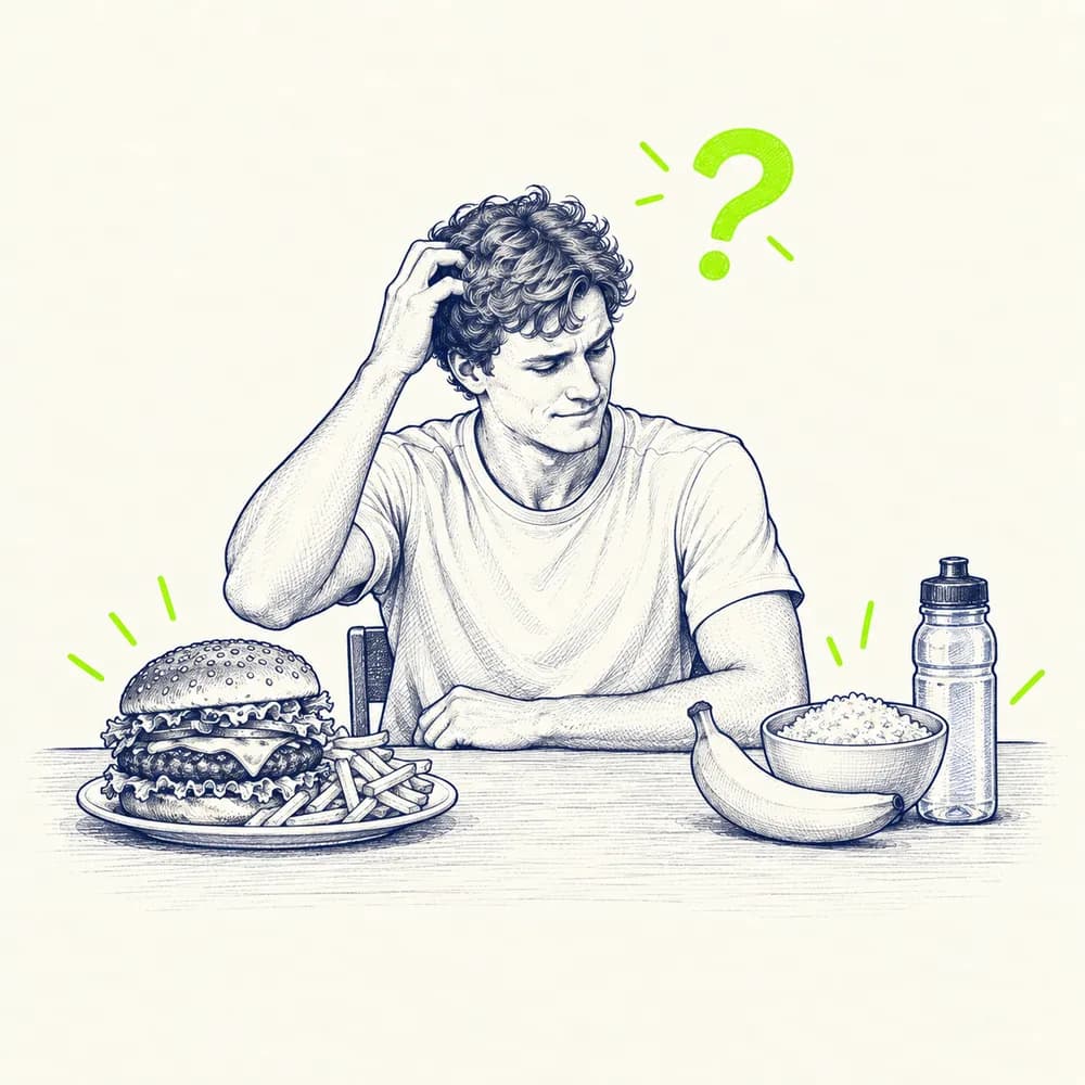 Croquis : un joueur hésite entre un burger avec des frites et une assiette de riz, une banane et une gourde