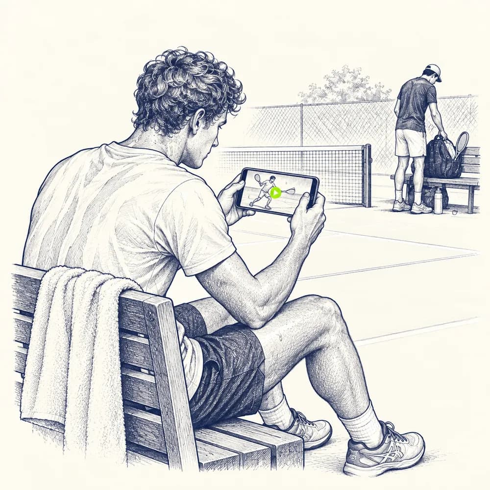 Croquis : assis sur un banc au bord du court, une serviette sur l'épaule, un joueur revoit un échange sur son téléphone