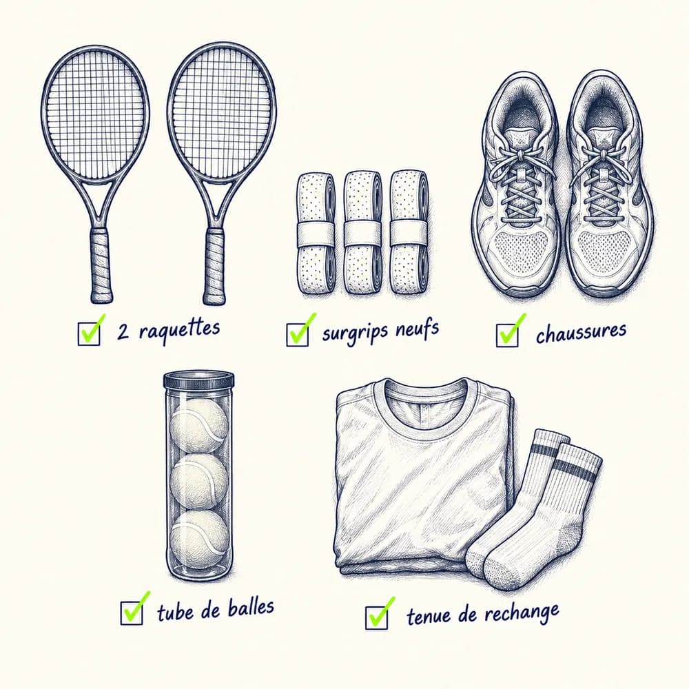 Croquis d'une liste cochée : 2 raquettes, surgrips neufs, chaussures, tube de balles, tenue de rechange