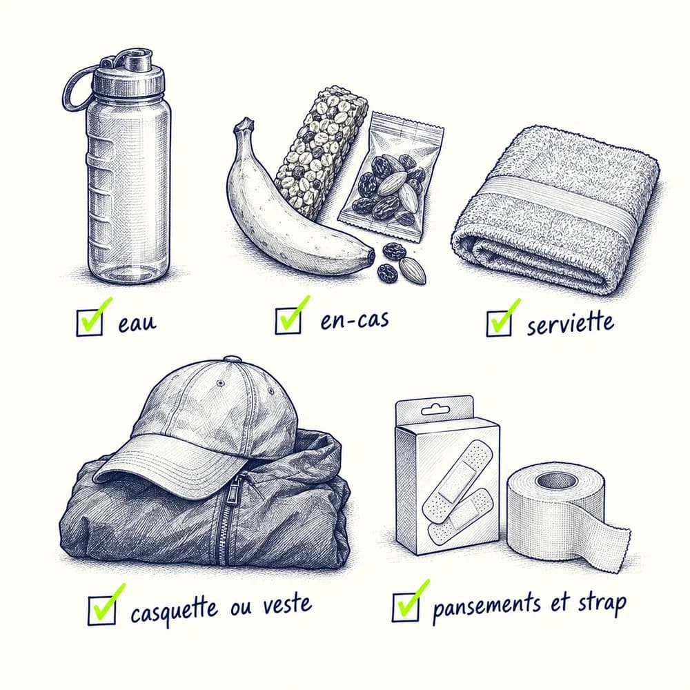 Croquis d'une liste cochée : eau, en-cas, serviette, casquette ou veste, pansements et strap