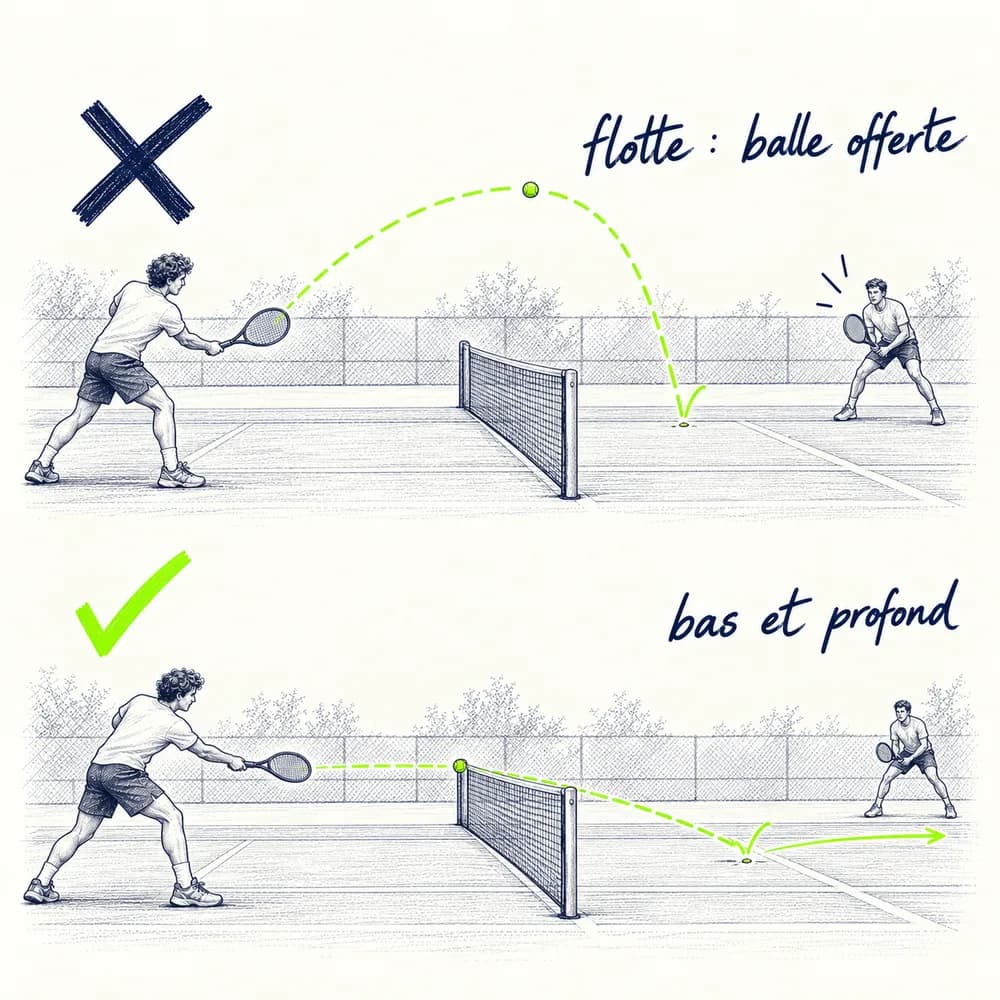 Croquis de deux trajectoires : en haut, barré, un slice qui flotte et retombe au milieu du court, l'adversaire prêt à attaquer ; en bas, validé, un slice bas et profond qui file au ras du sol