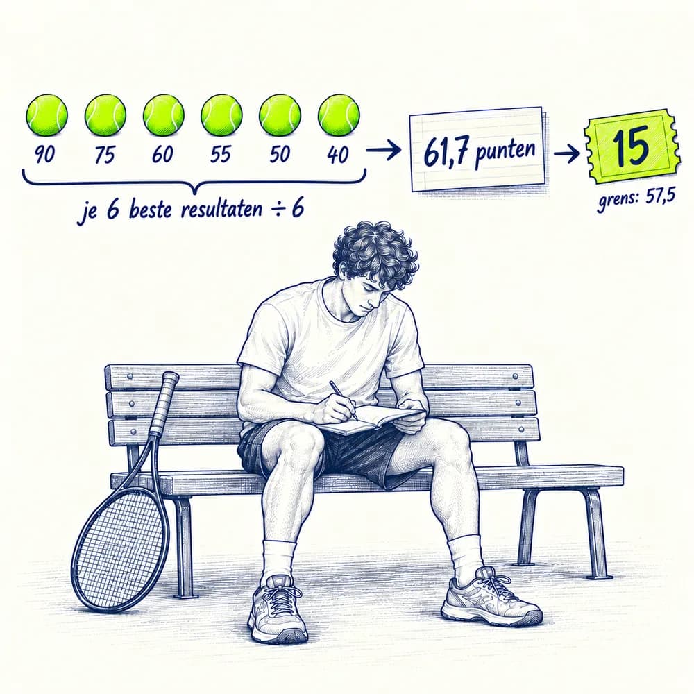 Schets: zes tennisballen met 90, 75, 60, 55, 50 en 40, “je 6 beste resultaten ÷ 6”, geven 61,7 punten en dan een ticket 15, grens 57,5; een speler met krullen noteert zijn resultaten op een bank
