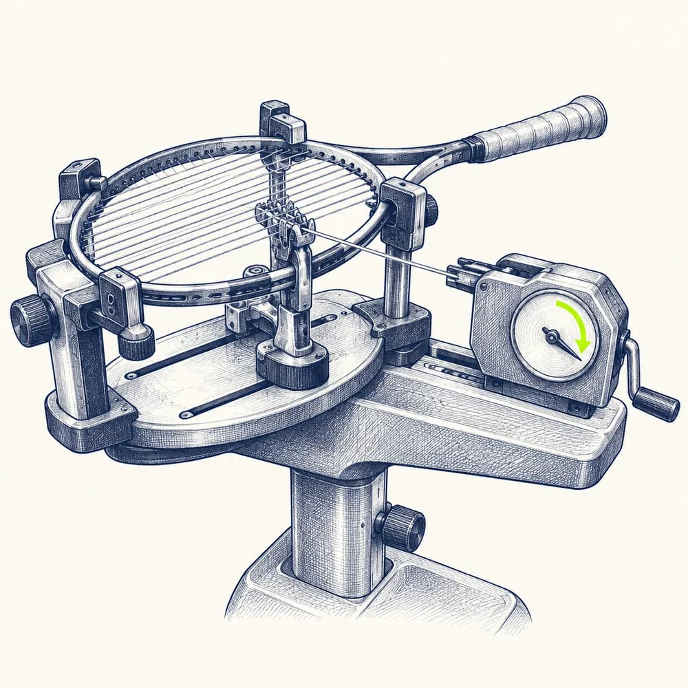 Croquis d'une machine à corder, avec une raquette en place et la tête de tirage