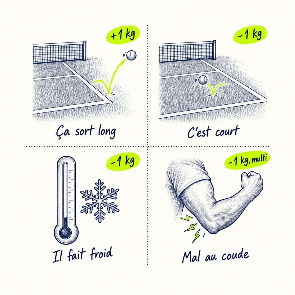 Croquis en quatre cases : ça sort long, +1 kg ; c'est court, −1 kg ; il fait froid, −1 kg ; mal au coude, −1 kg et un multifilament