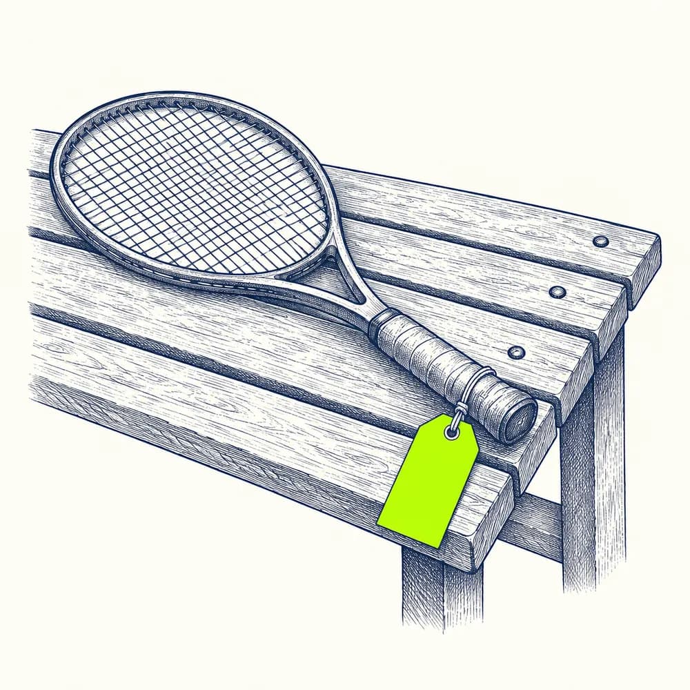 Croquis : une raquette posée sur un banc, avec une étiquette lime accrochée au manche