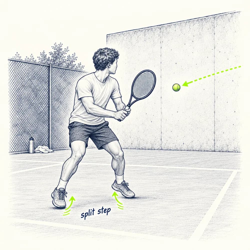 Croquis : face à un mur, un joueur marque un split-step, annoté « split step », avant de volleyer la balle qui revient