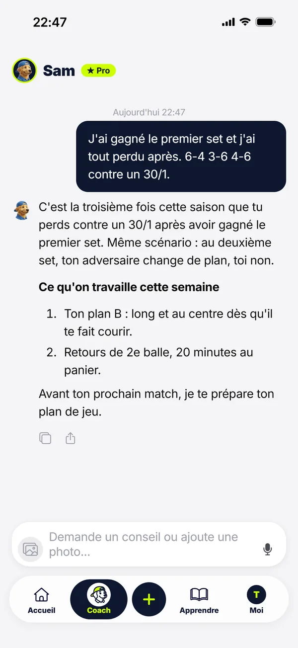 Conversation avec Sam après un match : ce qu'on travaille cette semaine