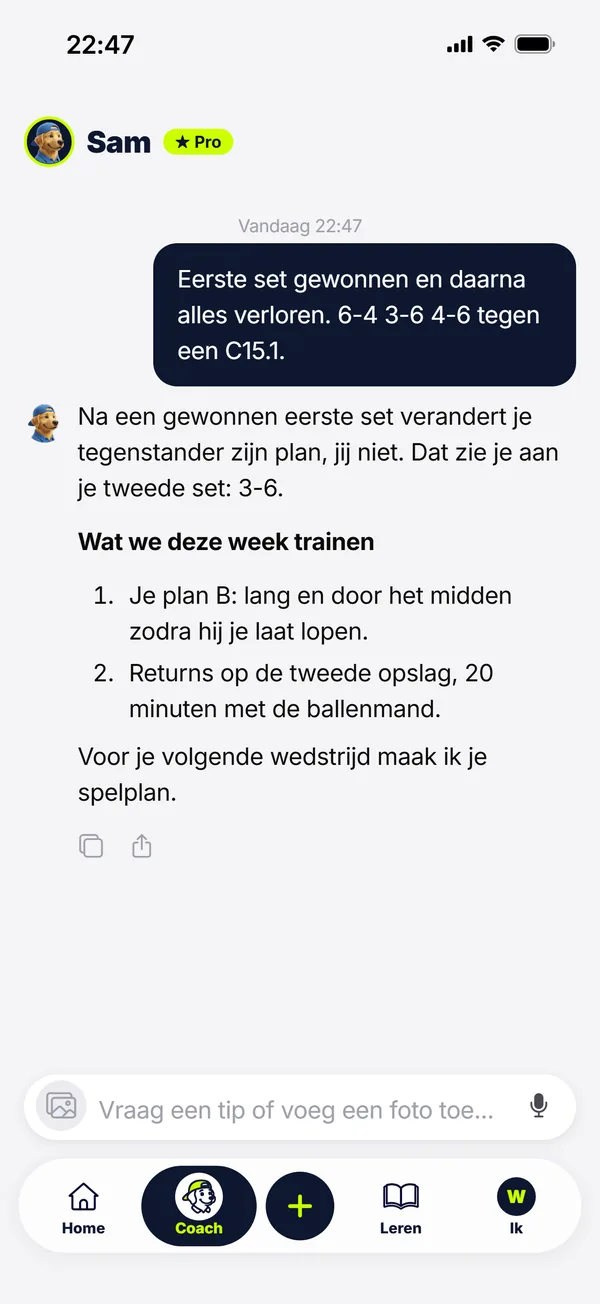 Gesprek met Sam na een match: waar je deze week aan werkt