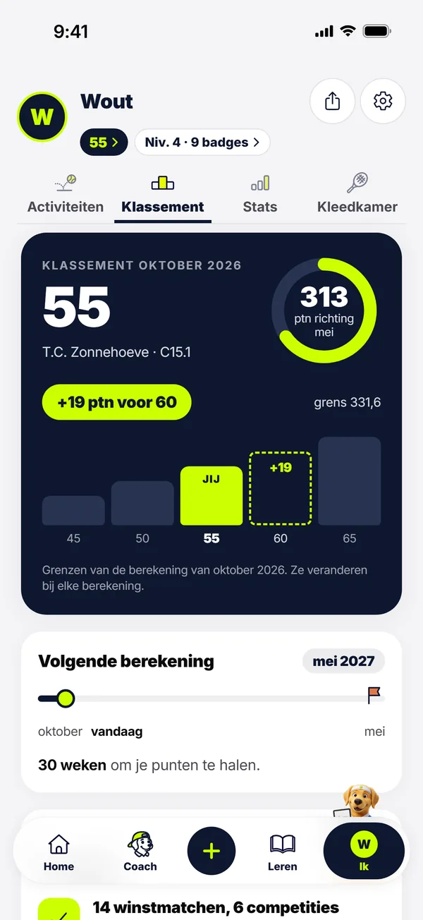 Scherm Klassement van Sam Tennis: je waarde, je punten en wat je nog mist om te stijgen