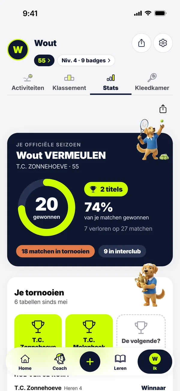 Scherm Stats van Sam Tennis: je laatste tien matchen en je seizoen, match per match