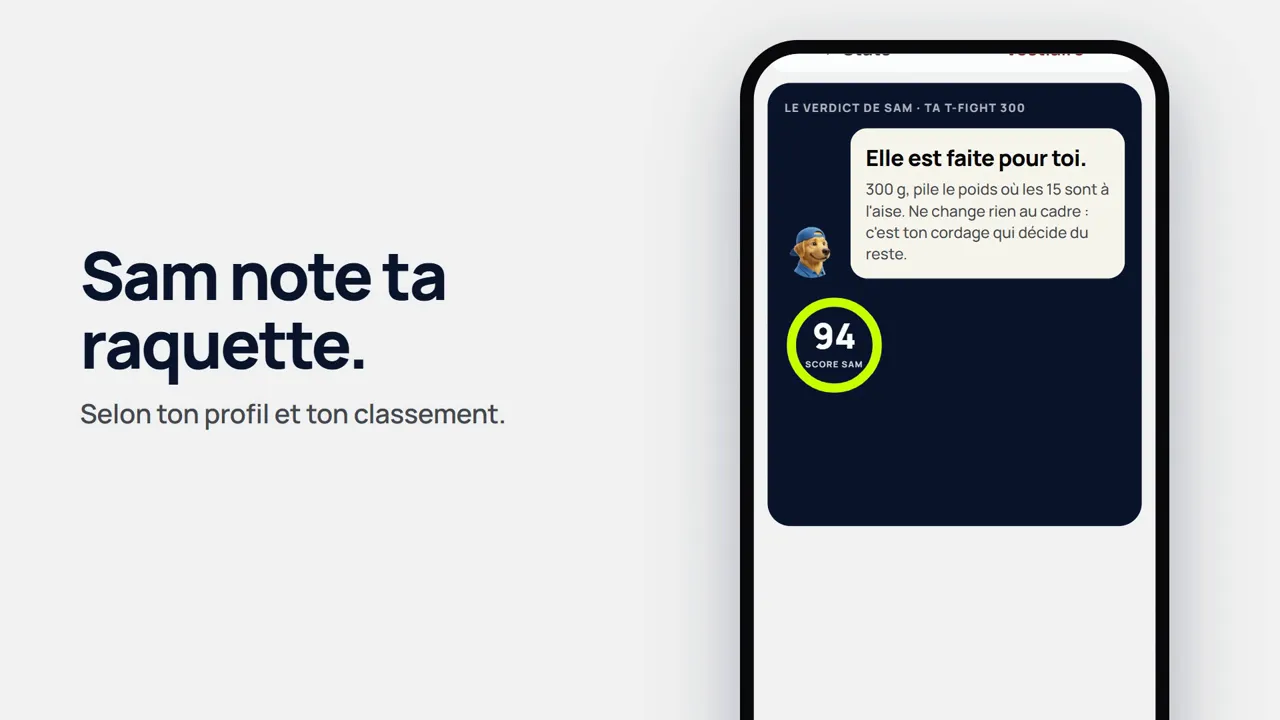 Vidéo de l’app Sam Tennis : Sam note la raquette du joueur sur 100 selon son profil et son classement, puis suit l’usure de son cordage.