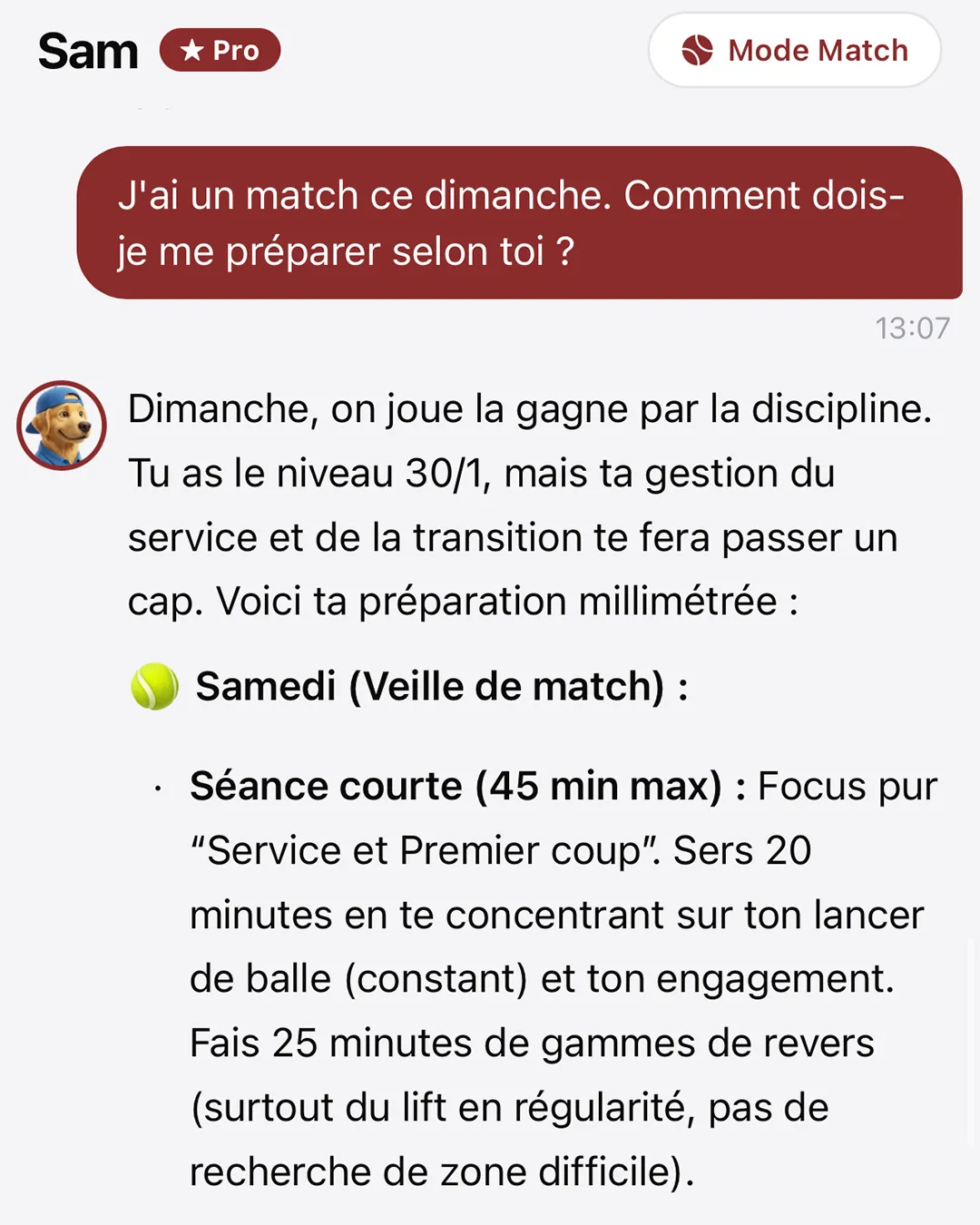 Conversation avec Sam dans l’app : il prépare un match du dimanche, séance par séance