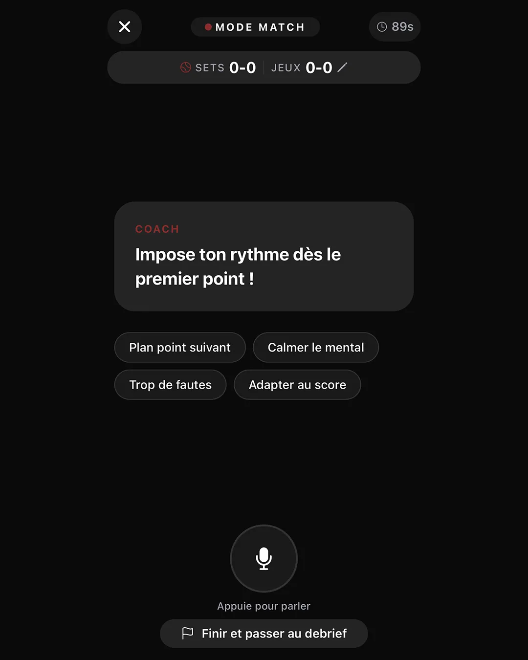 Mode Match de l’app Sam Tennis : score, conseil du coach et raccourcis comme « Calmer le mental »