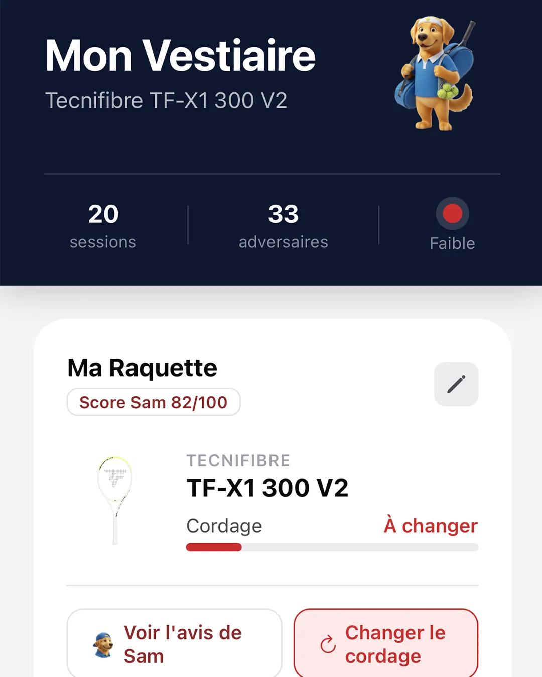 Vestiaire de l’app Sam Tennis : raquette notée 82/100 par Sam et cordage à changer