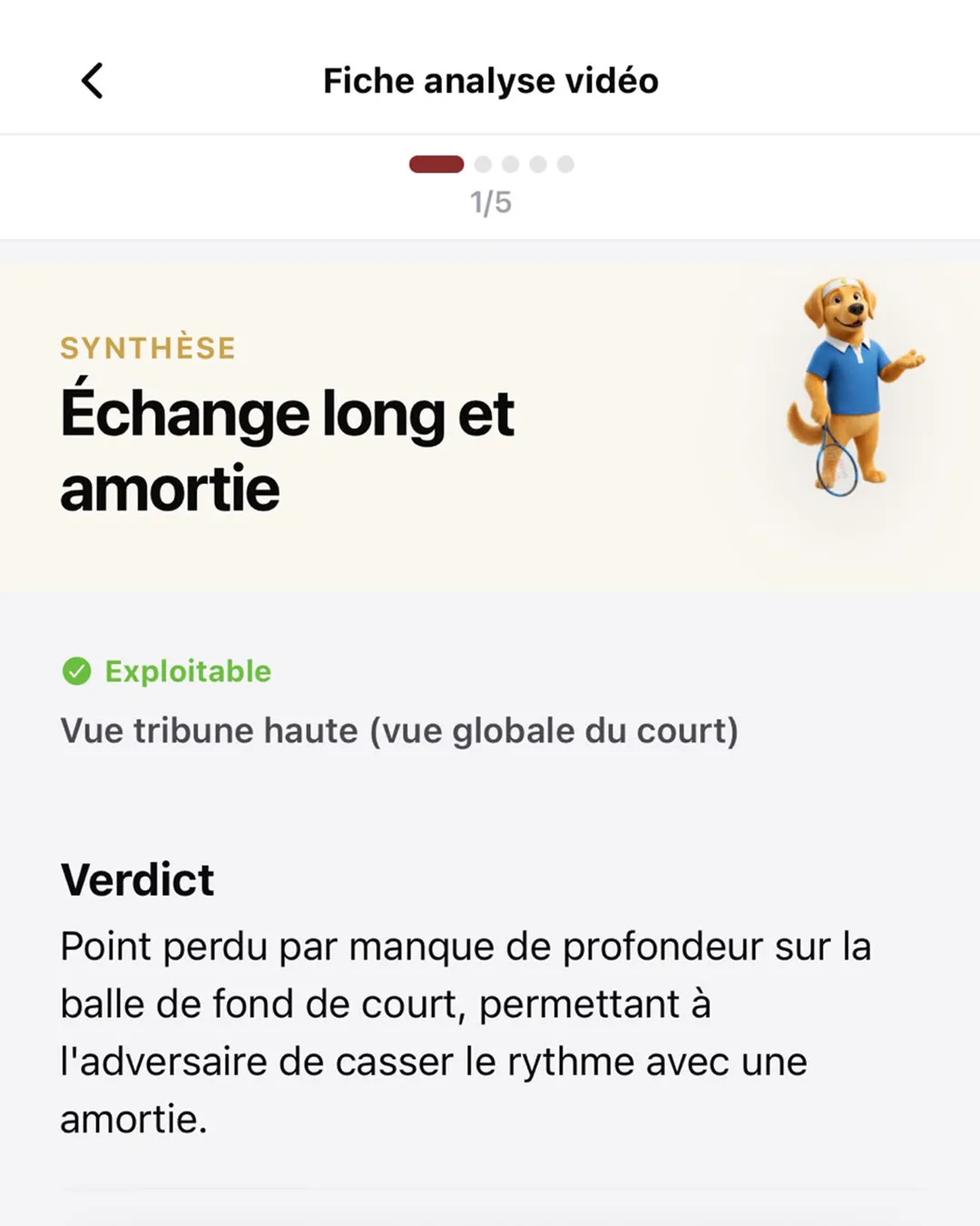 Fiche d’analyse vidéo dans l’app Sam Tennis : synthèse « Échange long et amortie » et verdict