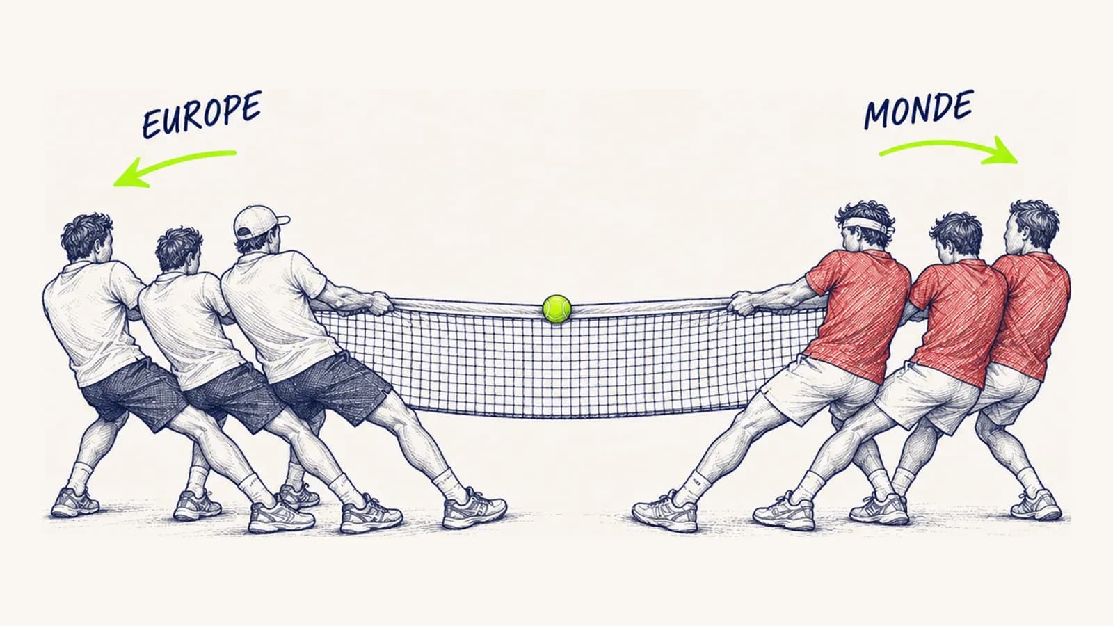 Croquis : trois joueurs de Team Europe et trois de Team World tirent chacun de leur côté sur un filet de tennis