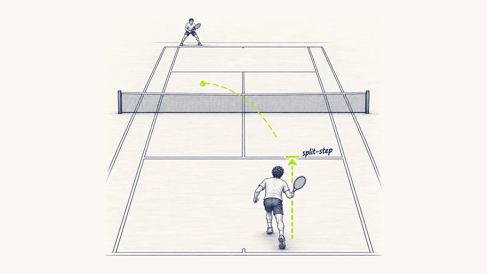 Croquis : vu de derrière, un serveur vient de servir et court vers le filet ; sa montée est tracée en lime jusqu'au repère « split-step » sur la ligne de service, et la balle file vers le carré de service adverse