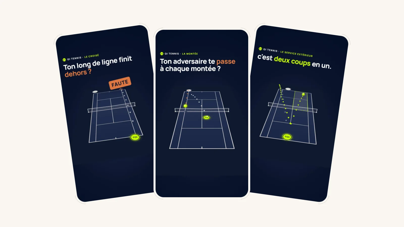 Trois vidéos QI tennis : le croisé, la montée au filet et le service extérieur
