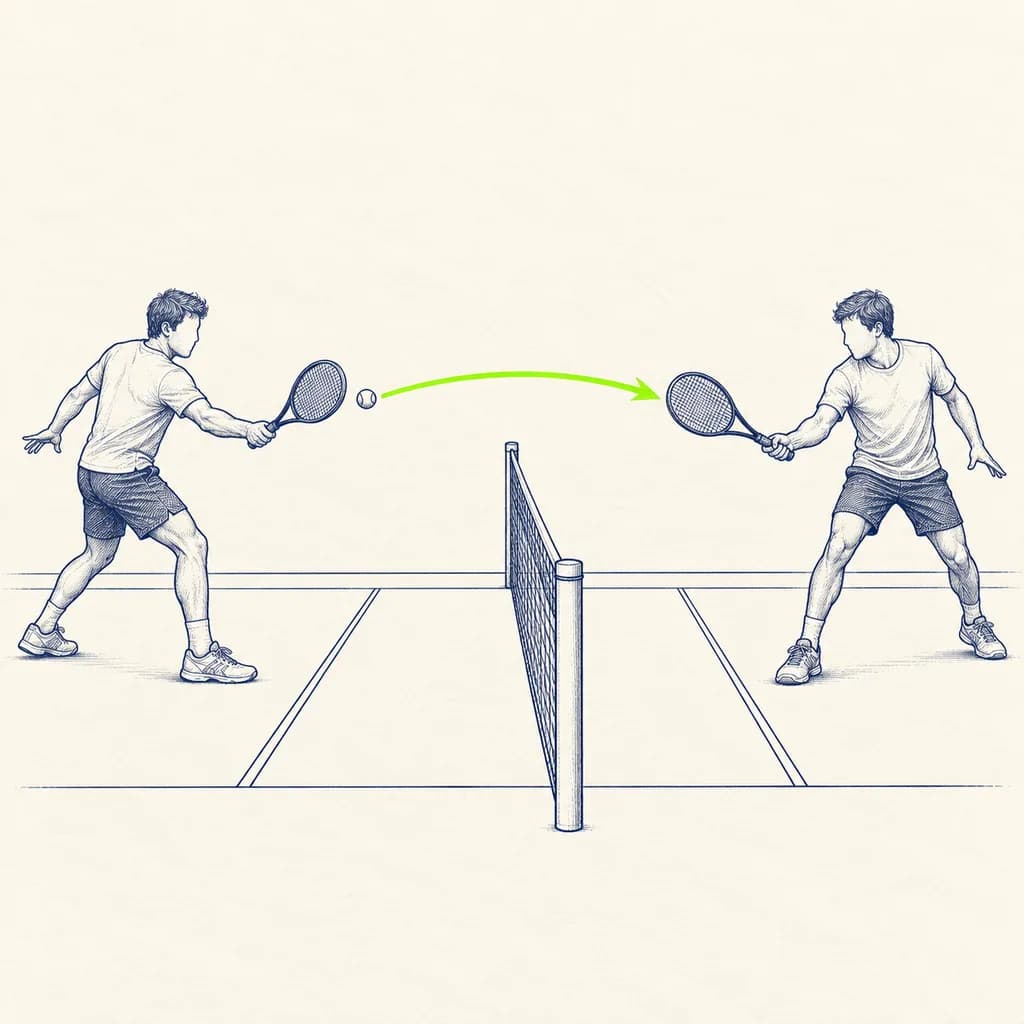 Mini-tennis dans les carrés : Échanges doux dans les carrés de service, balle au-dessus de la hanche.