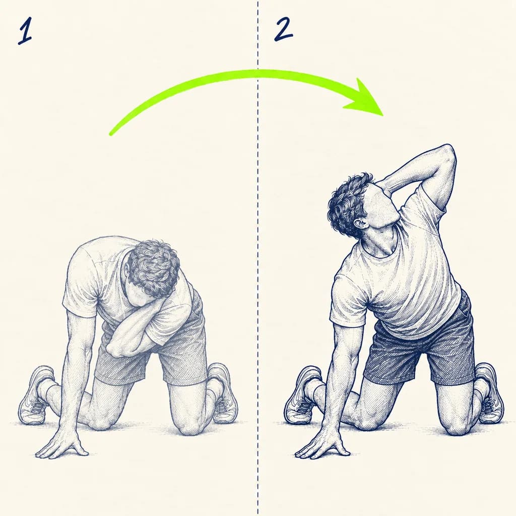 Rotation du buste à quatre pattes : Une main derrière la nuque, coude vers le bras d’appui puis vers le plafond, bassin verrouillé.