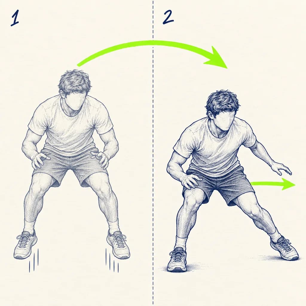 Split-step et départ : Petit saut sur place, réception pieds écartés, puis un pas vif dans une direction. Alterne.