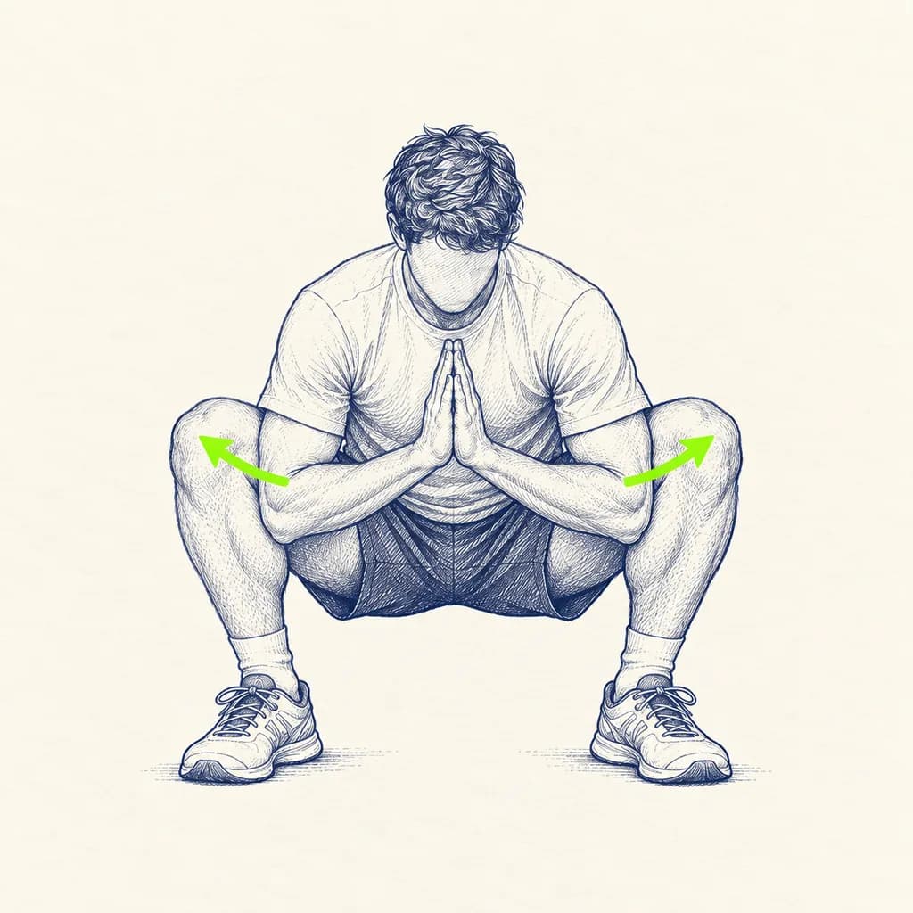 Squat profond tenu : Pieds largeur d’épaules, descends bas, talons au sol, pousse les genoux vers l’extérieur avec les coudes.