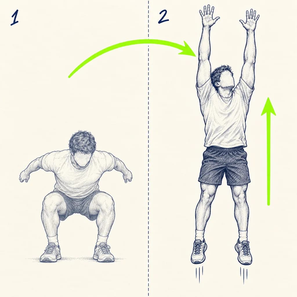 Squats sautés : Descends en squat, saute le plus haut possible, amortis genoux fléchis.