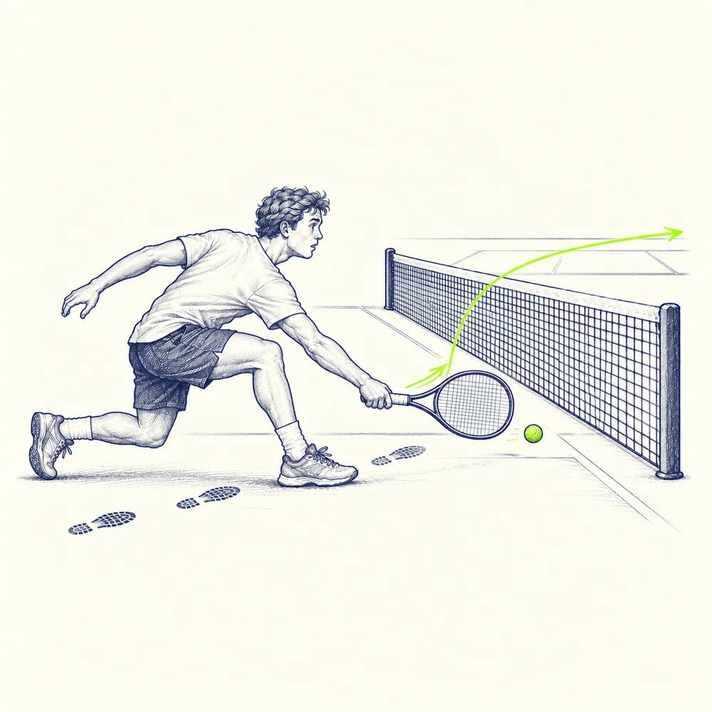 Croquis : sur une balle courte et basse, un joueur avance et joue un slice d'approche long, avant de monter au filet