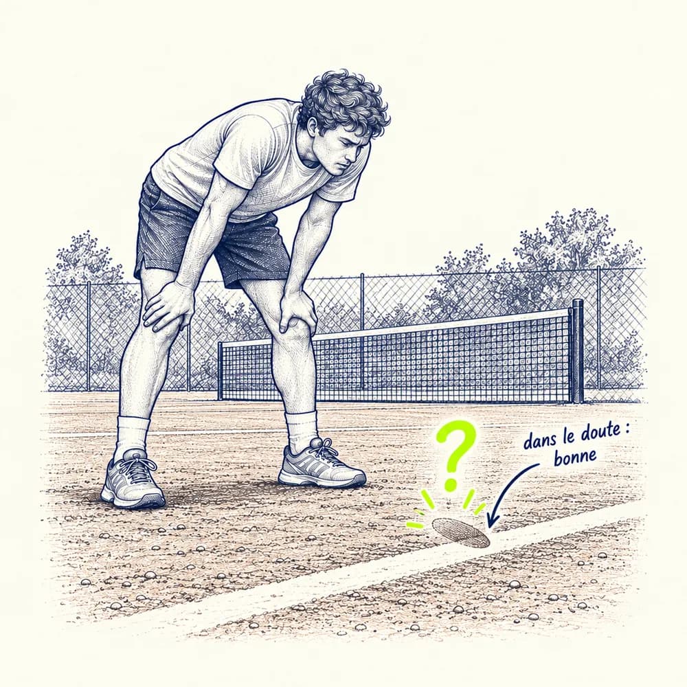 Croquis : un joueur penché sur la trace d’une balle au bord de la ligne, annoté « dans le doute : bonne »