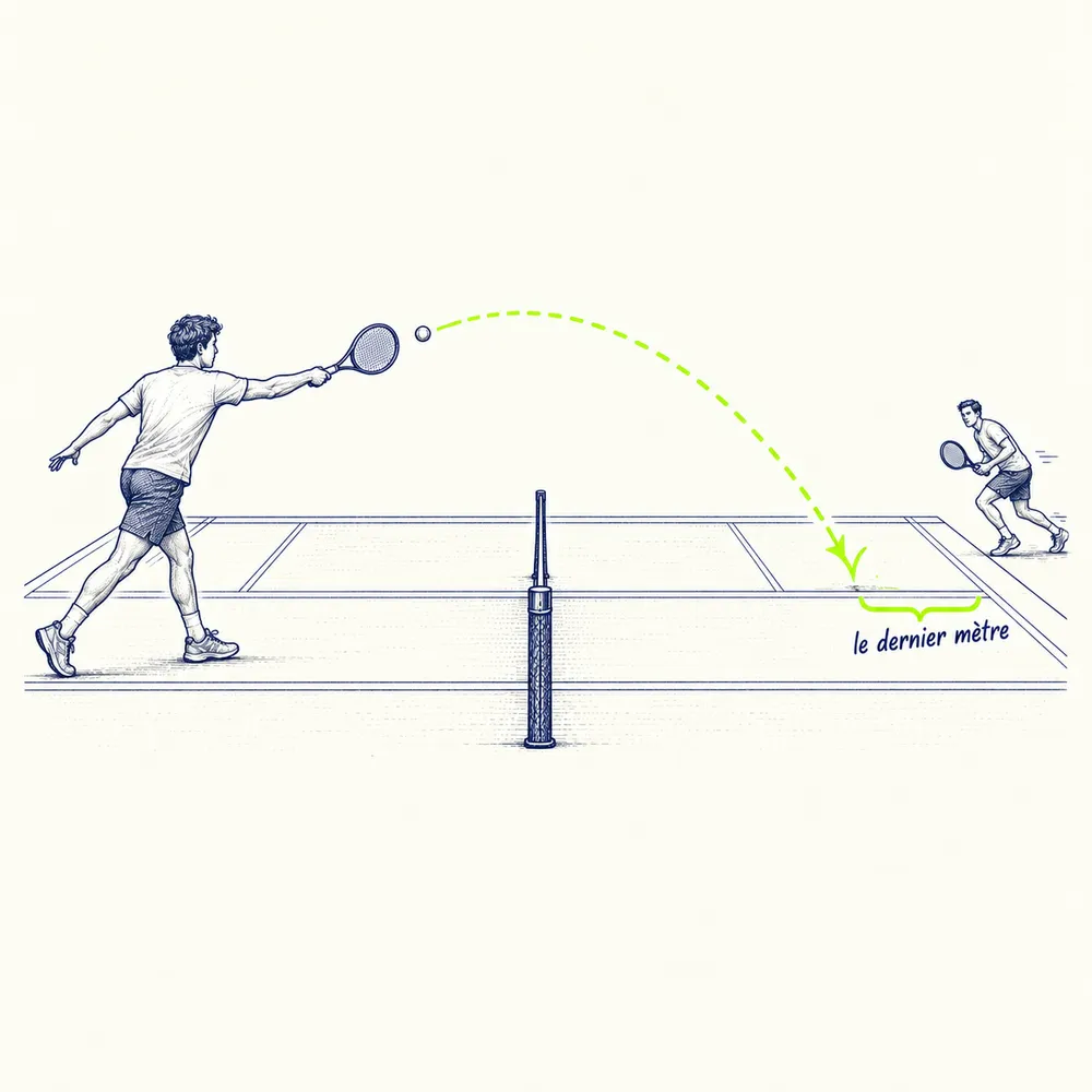 Croquis : la trajectoire lime d'un coup droit passe haut au-dessus du filet et rebondit dans le dernier mètre avant la ligne de fond adverse