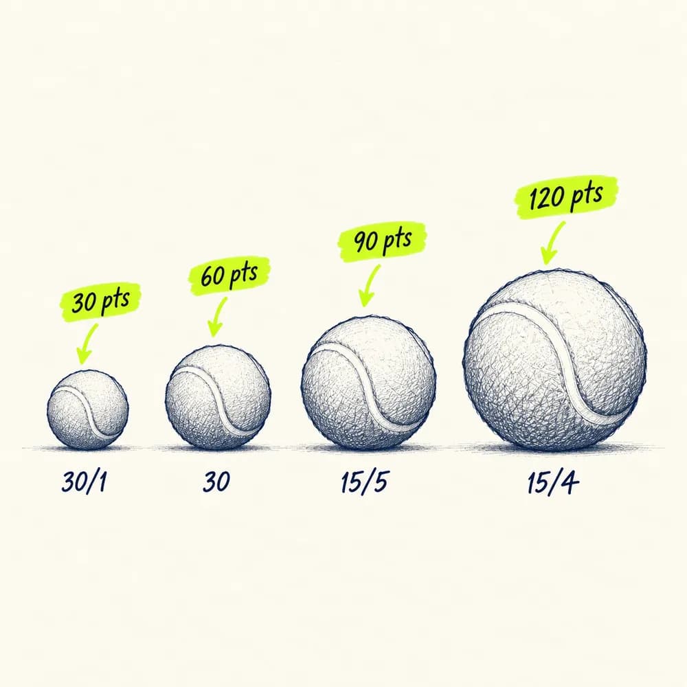 Croquis : quatre balles de tennis de plus en plus grosses, étiquetées 30 pts sous un 30/1, 60 pts sous un 30, 90 pts sous un 15/5 et 120 pts sous un 15/4