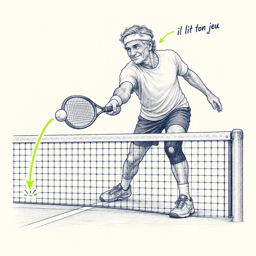 Croquis : un joueur expérimenté, bandeau et genouillère, joue une volée amortie qui retombe juste derrière le filet, annoté « il lit ton jeu »