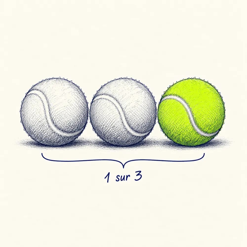 Croquis : trois balles de tennis alignées, la troisième en lime, annotées « 1 sur 3 »