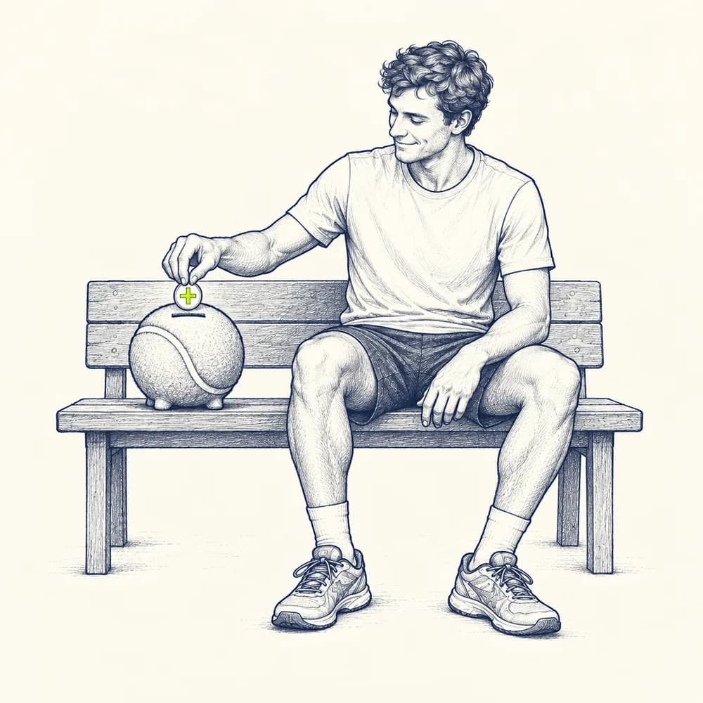 Croquis : un joueur assis sur un banc glisse une pièce marquée d'un plus lime dans une tirelire en forme de balle de tennis