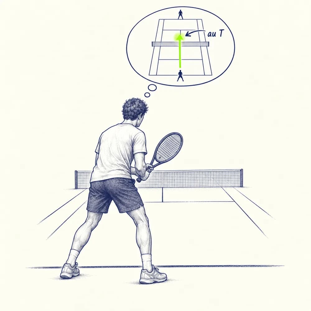 Croquis : un joueur de dos, avant de servir, imagine sa trajectoire dans une bulle de pensée annotée « au T »