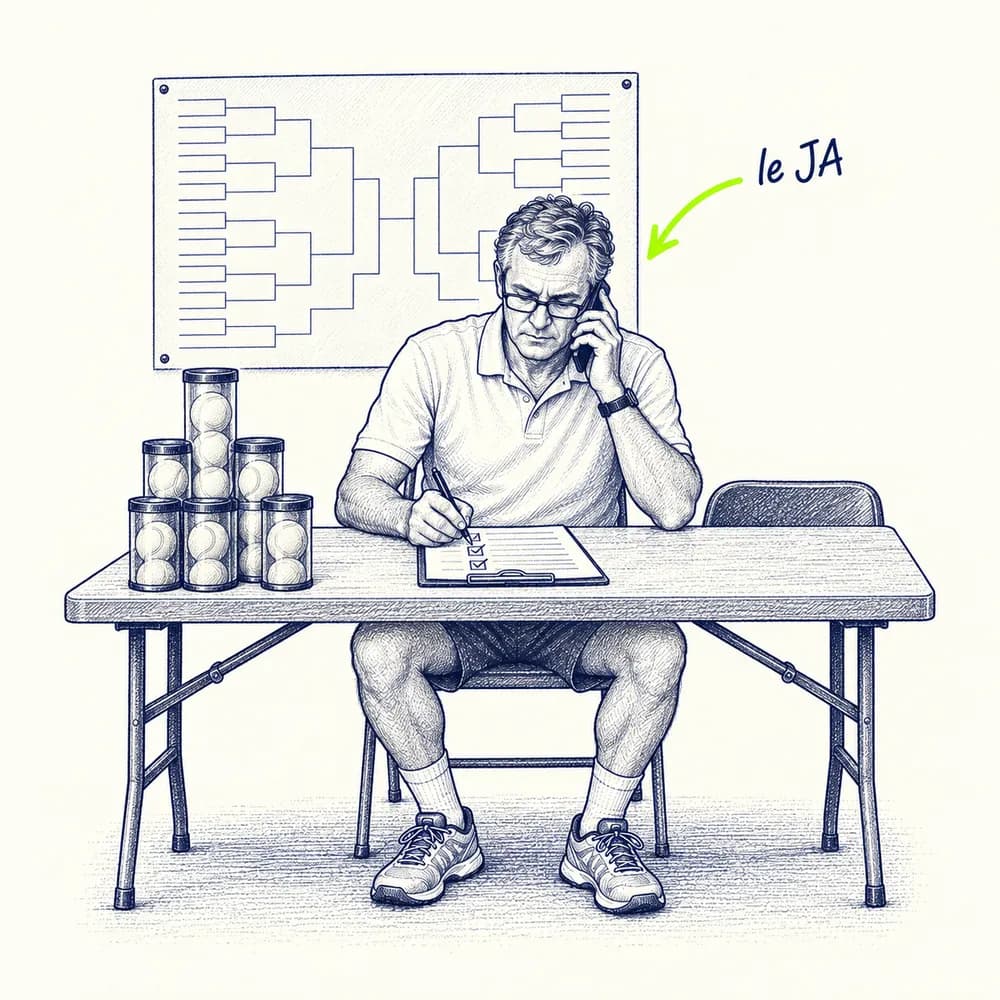 Croquis : le juge-arbitre, au téléphone, coche une liste à sa table, devant le tableau du tournoi et des tubes de balles, annoté « le JA »