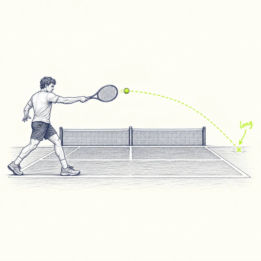 Croquis : une balle frappée file au-delà de la ligne de fond, annotée « long »