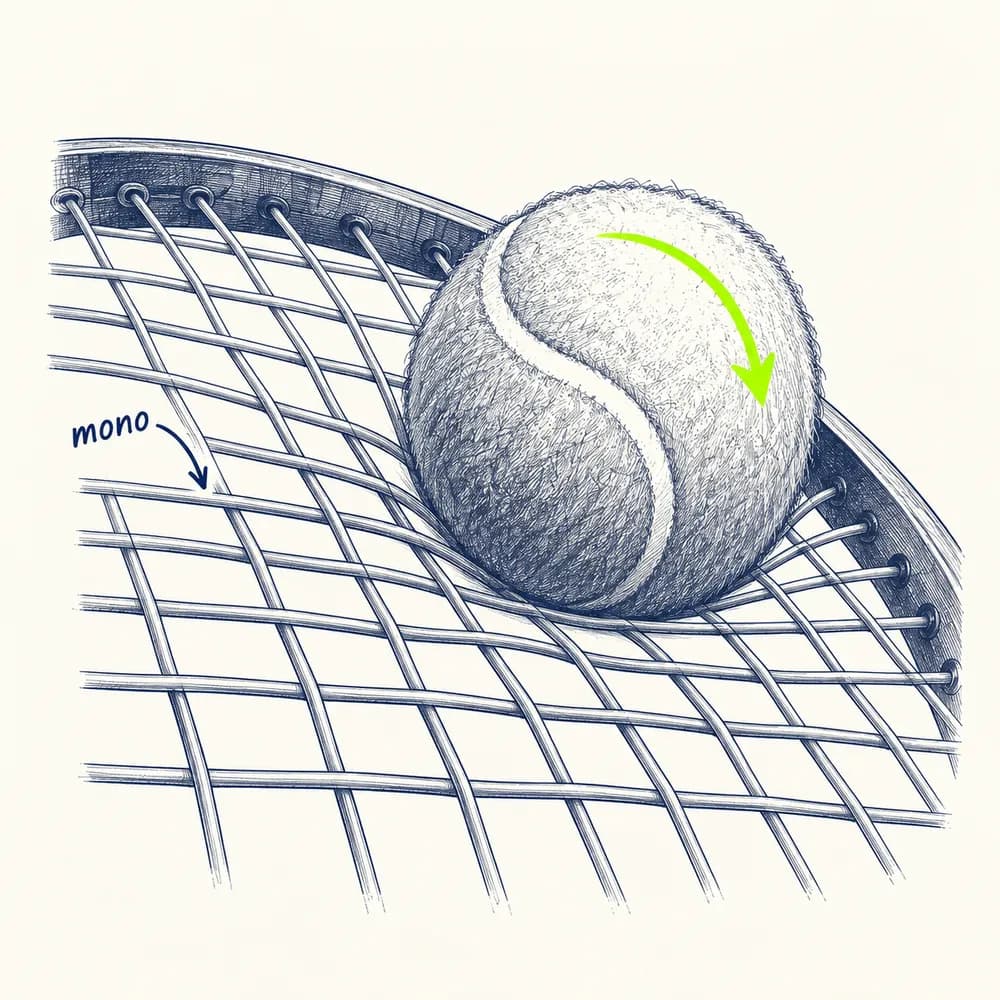 Croquis : une balle tourne sur un tamis cordé en monofilament, annoté « mono »